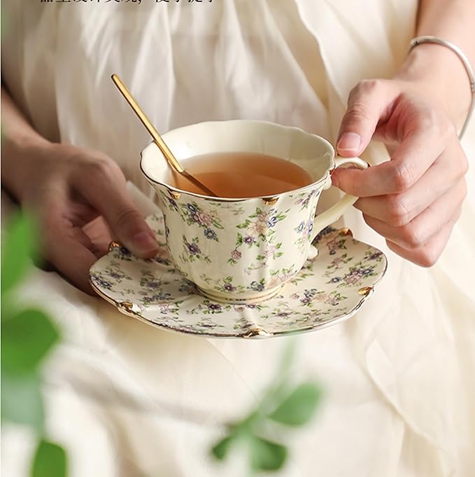 TATSUMI Country Roses Bone China Tea Cup and Saucer Set, 3 Pieces, Vintage Style, For Women and Tea Parties(yellow,1 Set)