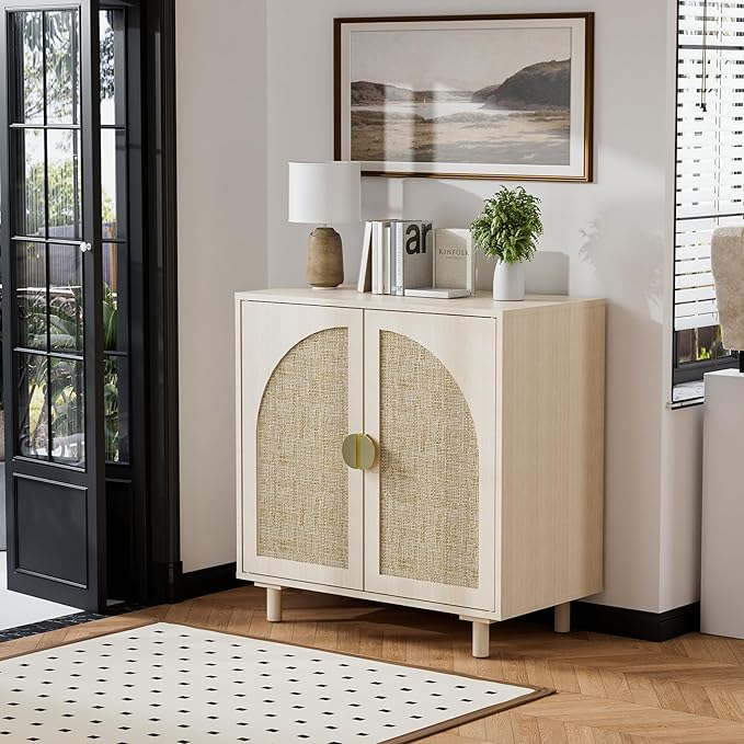 Rattan Sideboard Cabinet with Doors and Adjustable Shelves, Boho Entryway Cabinet, Wood Storage Cabinet for Living Room, Kitchen, Entryway (Beige)