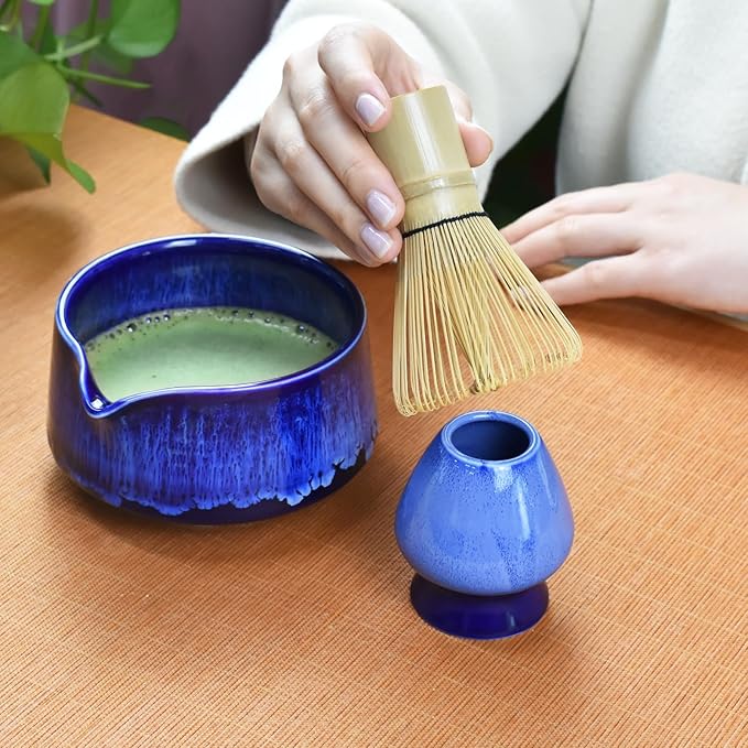 Artcome Matcha Tool Set - Complete Kit with Matcha Bowl with Spout, Bamboo Whisk, Tea Scoop, Whisk Holder, Scoop Holder, Tea Cloth & Powder Strainer, Glaze Blue