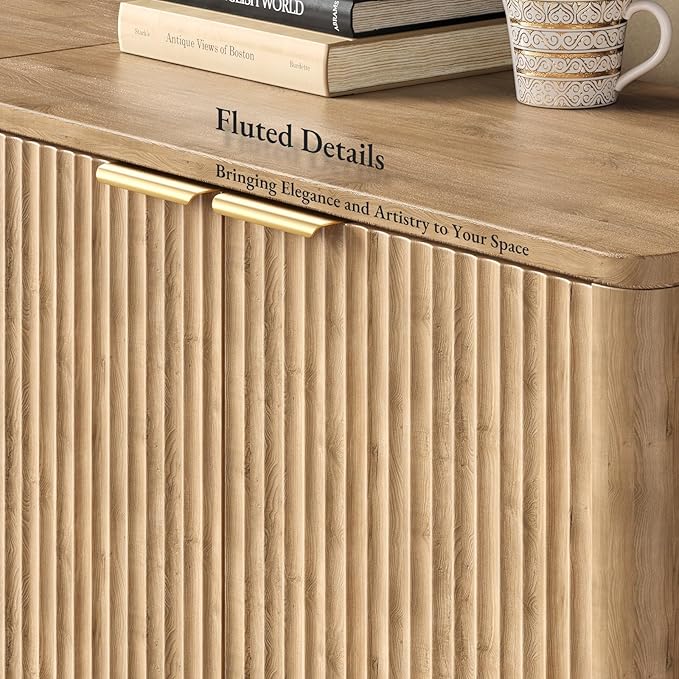Evermagin 63" Oak Buffet Cabinet with Storage, Large Sideboard Cabinet, Boho Accent Credenza, Fluted Console Table with Doors for Dining Room, Kitchen, and Living Room