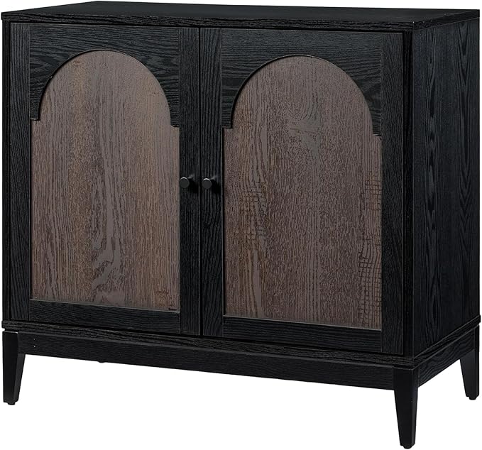 SANGO Arch 2-Door Accent Cabinet, Modern Black & Brown Storage Cabinet with Elegant Arched Doors, Adjustable Shelf, Sturdy Wooden Legs, Stylish Furniture for Living Room or Office Room