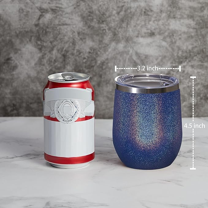 MEWAY 12oz/8 Pack Wine Tumbler Glasses with Lid - Stemless Double Wall Vacuum Stainless Steel Glitter Tumbler - Keeping Cold & Hot Cup for Coffee,for Women(Rainbow Navy,Set of 8)