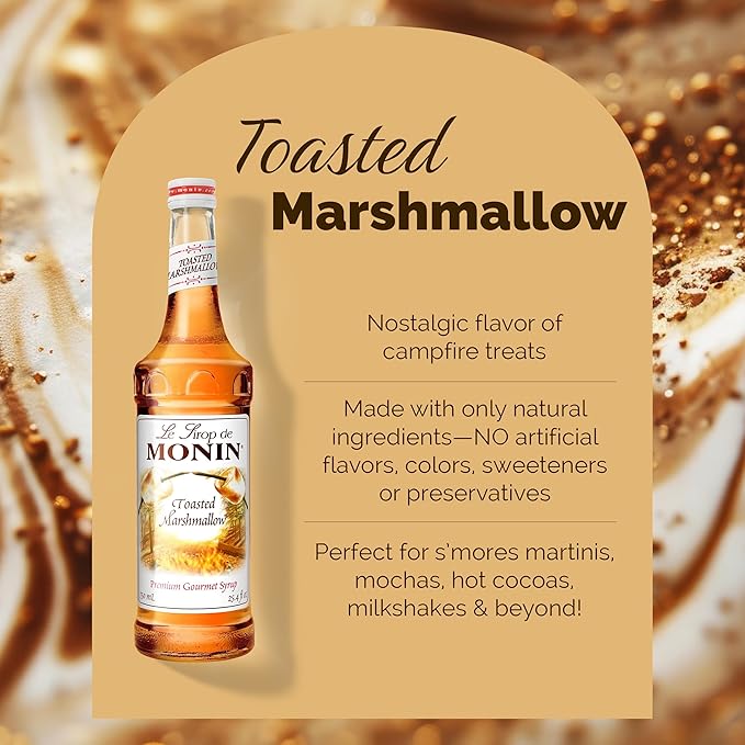 Monin - Toasted Marshmallow Syrup, Flavor of Campfire Treats, Natural Flavors, Great for Mochas, Shakes, Cocoas and Cocktails, Non-GMO, Gluten-Free (750 ml)