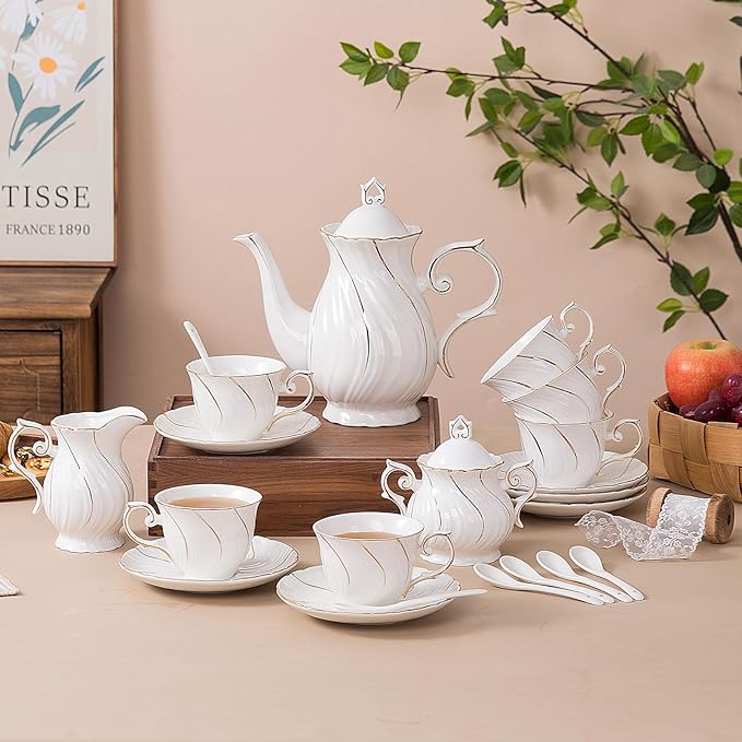 Tea Set 21-Piece Porcelain tea cups and saucers set of 6 with Sugar and Creamer Set & Teapot,teapot set for Adults, Women Tea Party,White