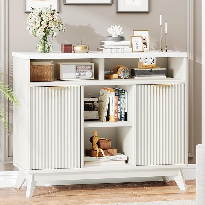 Fluted Storage Cabinet, 39" Sideboard Buffet with Storage, Mid Century Modern Accent Cabinet with Doors and Shelves, Multifunctional Console Table Coffee Bar for Living Room and Kitchen, White