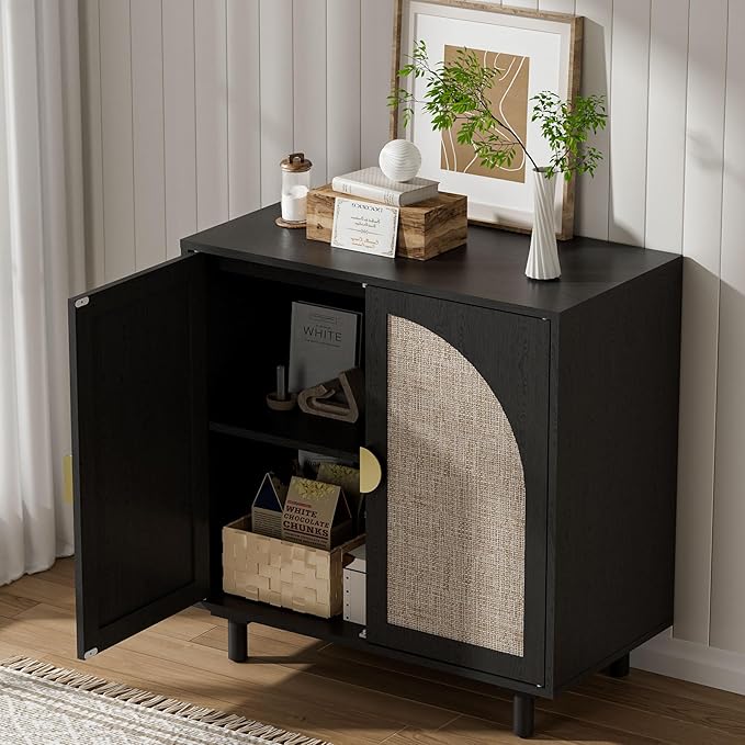 Small Buffet Cabinet, Modern Sideboard with Rattan Decorated Doors, Magnetic Latch, Adjustable Shelf, 29.8x15.7x31.5 inches, Black
