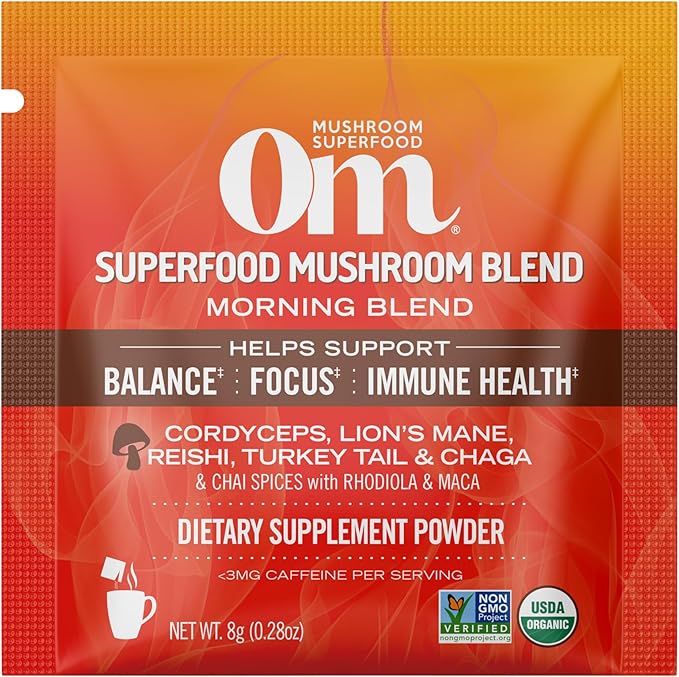 OM MUSHROOM SUPERFOOD Morning Energy Blend – Coffee-Free Mushroom Drink Mix with Cordyceps, Lion’s Mane, Rhodiola & Vitamin D2 – Natural Energy, Focus & Endurance Support – Single Serve (10 Count)