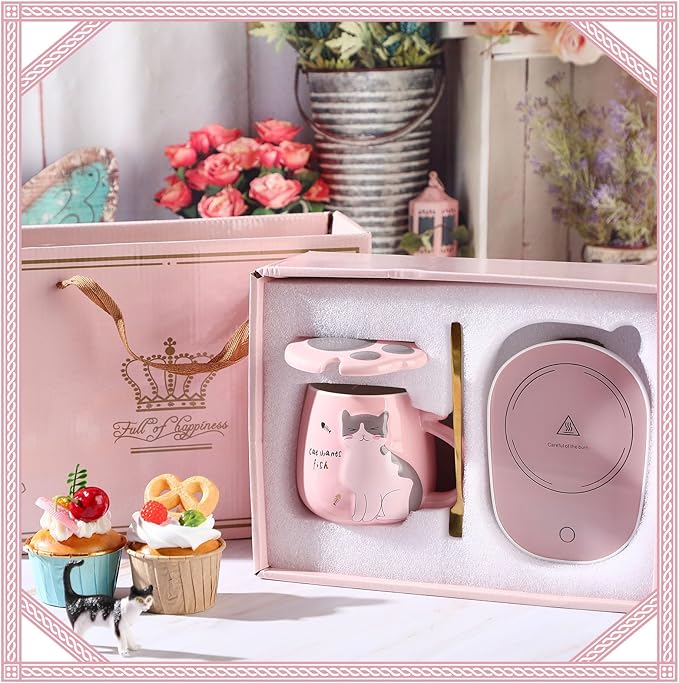 Honeydak Coffee Mug Warmer Cute Cat Mug Set Cup Warmer for Desk for Women Heated Coffee Warmer for Mom Home Office Christmas Birthday Gifts(Pink)