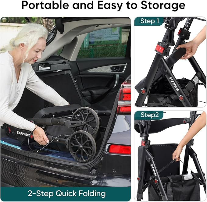 Foldable Aluminum Rollator Walkers with Cushion Seat for Senior, 16lbs Lightweight & 500 lbs Max Load, Adjustable 5-Level Seat Height & 6-Level Handles Height,8" Big Wheels,Dual Braking, Storage Bag