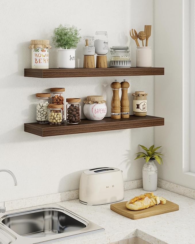 Marsmiles 32" Floating Shelves for Wall, Wooden Shelves with Invisible Brackets Set of 2, Rustic Farmhouse Wall Mounted Shelf for Kitchen Bathroom Living Room Study, Walnut