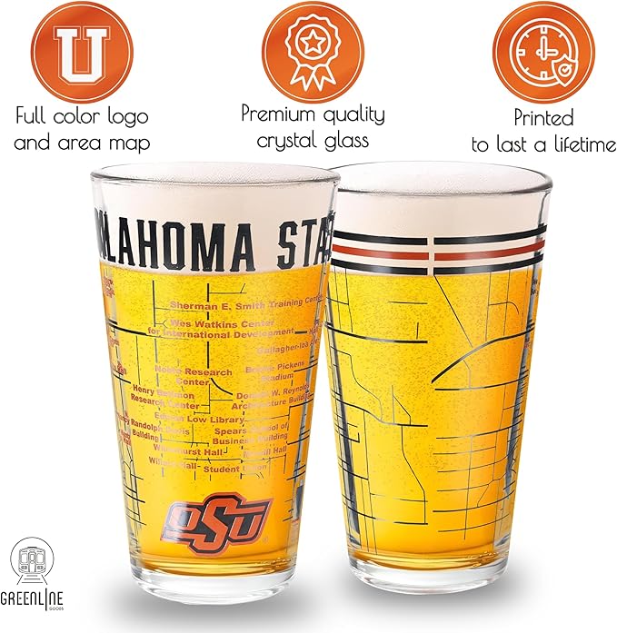 Greenline Goods – Oklahoma State University Cowboys College Pint Beer Glasses (Set of 2), 16 oz – Full-Color Logo + Campus Map