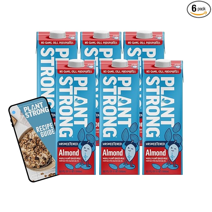 PLANTSTRONG Almond Milk Unsweetened 32oz (6 Pack) and Recipe Guide - NON-GMO - Plant Based, Vegan - Gluten Free Dairy Free - Shelf Stable - Lactose Free Milk - No Gums or Oils