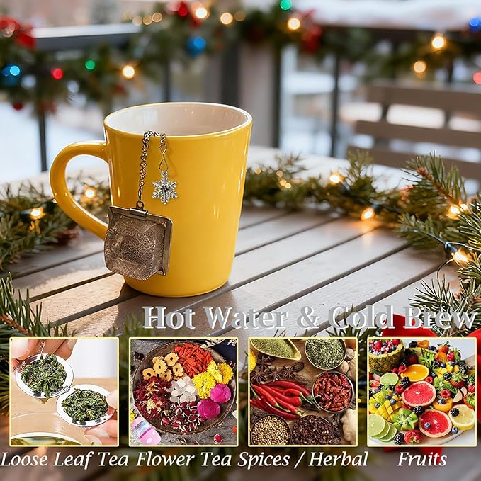 Snowflake Tea Infuser Set, 2 PCS Stainless Steel Tea Balls with Sparkling Rhinestone Gold & Silver Pendant, Reusable Loose Leaf Strainer for Winter & Christmas Gift