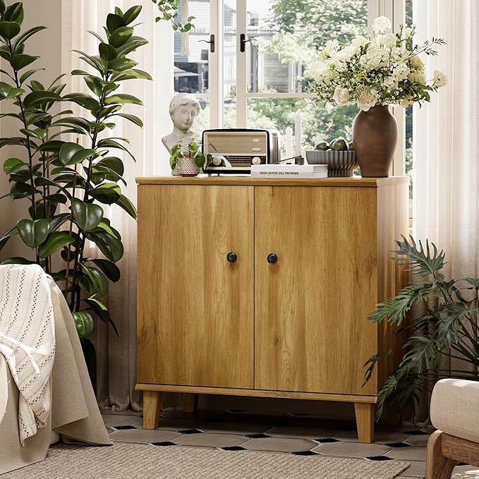 Modern Storage Cabinet Buffet Storage with Wood Legs and Adjustable Shelf for Dinnig Room Living Room Entryway, Brown Oak