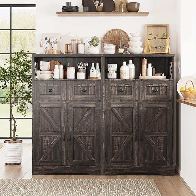 Farmhouse Storage Cabinet with Drawers and Shelf, Freestanding Kitchen Pantry Storage Cabinet, Floor Hutch Cupboard for Kitchen, Living Room, Home Office, Dark Rustic Oak