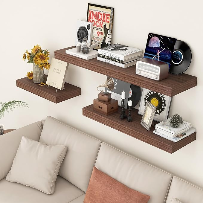 48 Inch Walnut Floating Shelf | 12 Inch Deep Floating Shelves Set of 1 | 48" D x 12" D Rustic Wood Shelves for Wall | Deep Walnut Shelves for Living Room Bathroom Laundry Room Kitchen