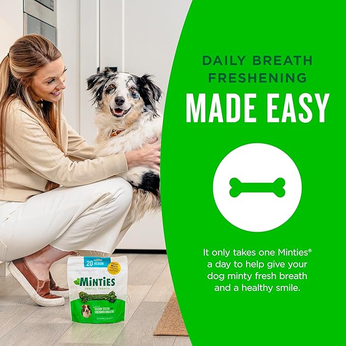 Minties Dental Chews for Dogs, 20 Count, Vet-Recommended Mint-Flavored Treats for Medium Dogs 25-50 lbs, Dental Bones Clean Teeth, Fight Bad Breath, and Removes Plaque and Tartar