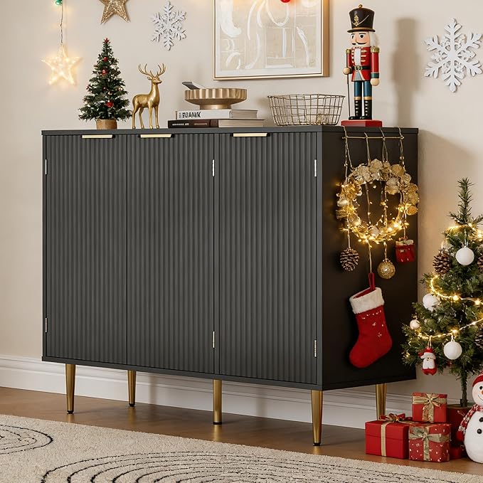 Fluted Sideboard Buffet with 3 Doors, Modern Accent Cabinet with Adjustable Shelves, Kitchen Storage Cabinet with Golden Handles, Coffee Bar for Kitchen, Living Room, Black