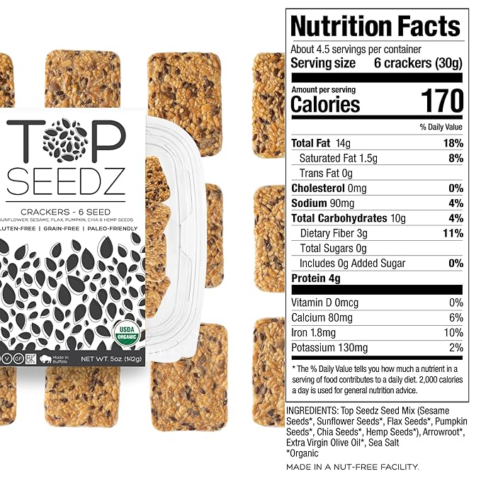Top Seedz Deluxe Organic Gluten Free Vegan Crackers and Roasted Seeds Bundle | 2 Pouches of Maple Magic Roasted Seeds | 2 Packs of Sea Salt Crackers | 2 Packs of 6-Seed