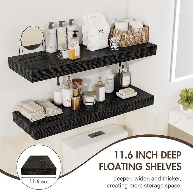 40 Inch Floating Shelves, 12" Deep Floating Shelf Wall Mounted, 40" Wall Shelves, Rustic Deep Bookshelf, Extra Deeper & Thicker Display Shelves for Bedroom, Living Room, Black, Set of 2