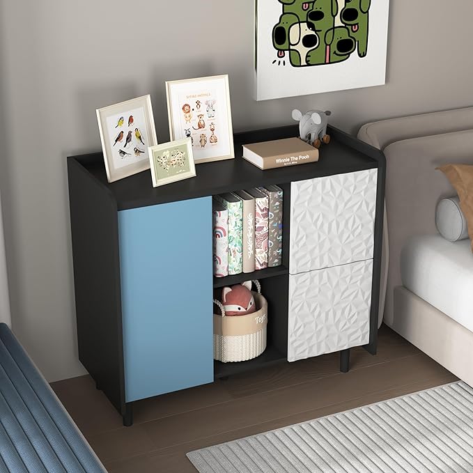 35" Small Sideboard Storage Cabinet with Storage, Storage Cabinet with Adjustable Shelf, 2 Drawers, 1 Blue Door, Modern Coffee Bar Cabinet for Dining Room, Living Room