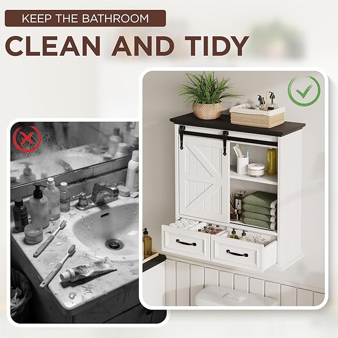Bathroom Wall Storage Cabinet with 2 Drawers, White Floating Wall Mounted Medicine Cabinet with Sliding Door & Adjustable Shelves, Over The Toilet for Bathroom, Laundry Room, Kitchen