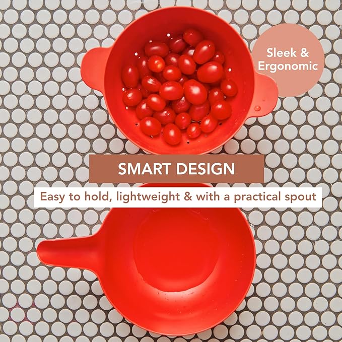 EKOBO Small Mixing Bowl and Colander Set Tomato– 60 oz BPA-Free Eco-Composite – Nesting Kitchen Mixing Bowls for Washing Mixing Serving – Compact Dishwasher Safe Kitchen Essentials