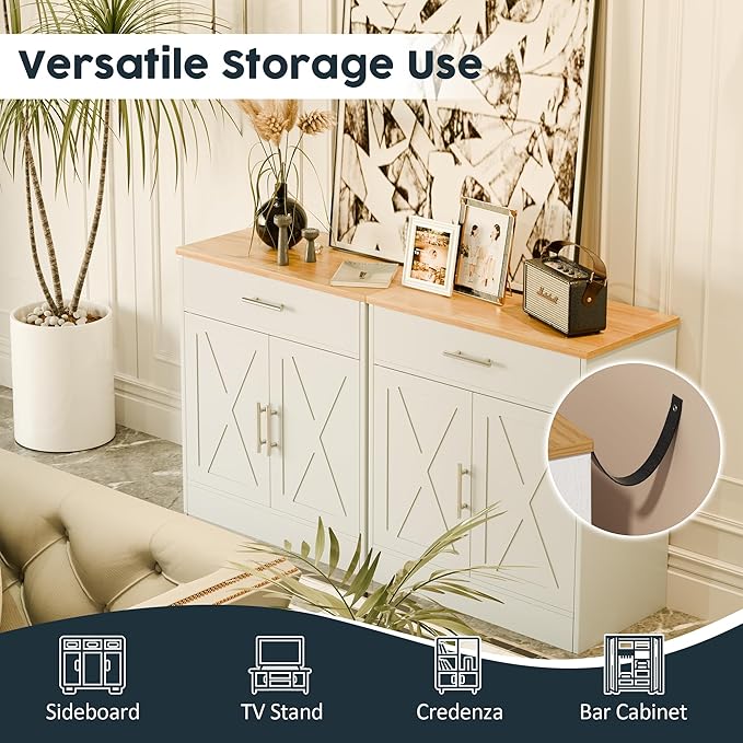 SUNLEI Coffee Bar Cabinet, Wooden Storage Cabinet with 2 Doors & 1 Drawers, Modern Farmhouse Kitchen Buffet Sideboard Cabinet with Storage for Living Room, Adjustable Shelf, White&Yellow