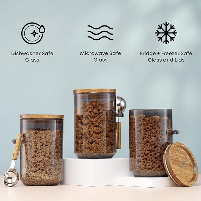 JoyJolt Holden 32oz Stackable Glass Storage Containers with Lids and Scoops, Airtight Food Canister Set of 3 w/Acacia Wood Lids, Round Stacking Pantry and Kitchen Containers w/Scoop | Smoke
