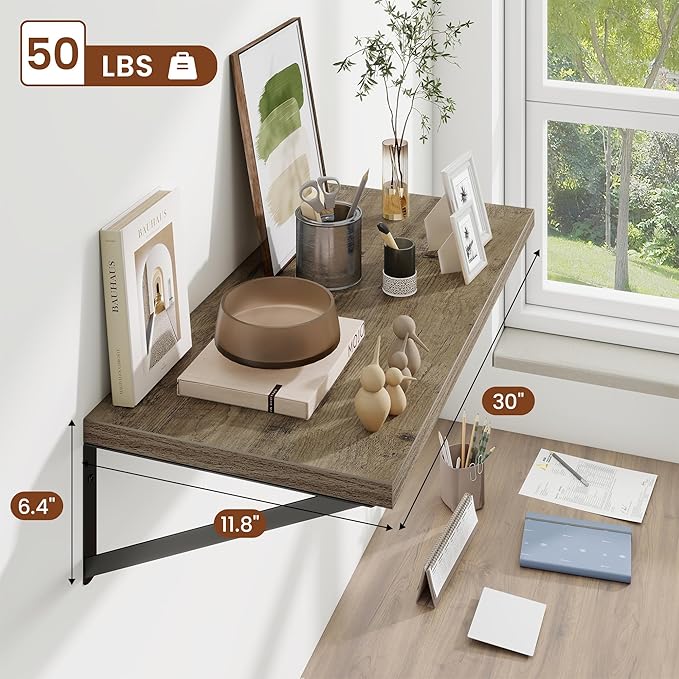 Deep Wall Shelves 30"W x 12"D Engineered Wood Floating Shelves for Wall, Sturdy Metal Bracket Bookshelves Home Decor Storage for Living Room Bedroom Bathroom Kitchen, Set of 2, Grey Finish