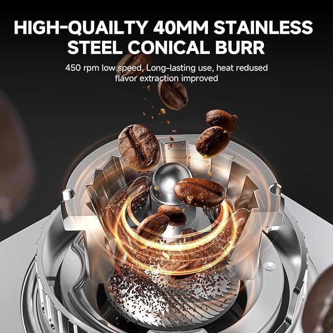 Burr Coffee Bean Grinder for Home Use with 45 Precise Grinding Settings, Espresso Grinder with Height Adjustable Funnel Stand, LED Touch Panel, Anti-static Design, Memory Mode User Friendly