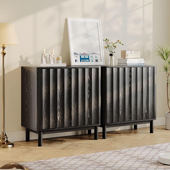Wave Fluted Buffet Cabinet,30'' Tall Sideboard Storage with 2 Doors & Adjustable Shelves for Dinning Room, Kitchen, Living Room,Coffee Bar (29''W-Black)