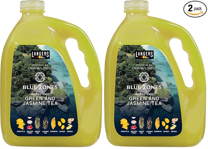Langers Blue Zones Inspired Unsweetened Tea, Green & Jasmine Tea, 128 Fl Oz (Pack of 2)