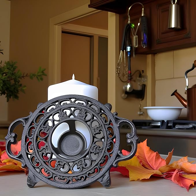 Cast Iron Candle Warmer for Tea Kettle or Tea Pot, Tea Light Warmer, Teapot and Dish Cups Heater, Pan Trivet, Vintage Decorative Stands for Heat Tea or Coffee Milk(Round)