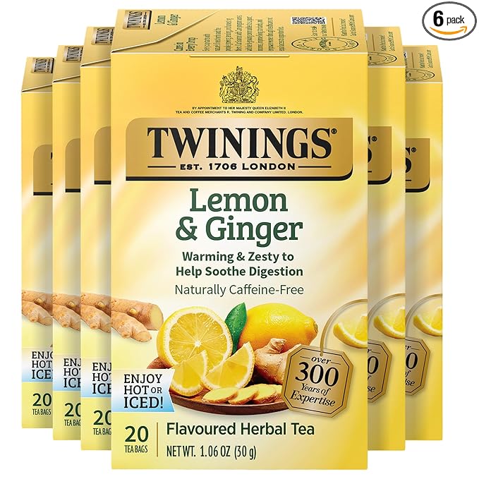 Twinings Lemon & Ginger Herbal Tea Individually Wrapped Bags, 20 Count (Pack of 6), Tangy Lemon, Spicy Ginger, Naturally Caffeine-Free, Enjoy Hot or Iced, 120 Teabags