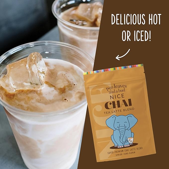 Two Leaves and a Bud Nice Chai Latte Mix, Powdered Chai Latte Tea Mix, Vegan, Dairy Free, Low Sugar, Iced or Hot Lattes | 1 Resealable Bag, 3.95 oz | 8 servings