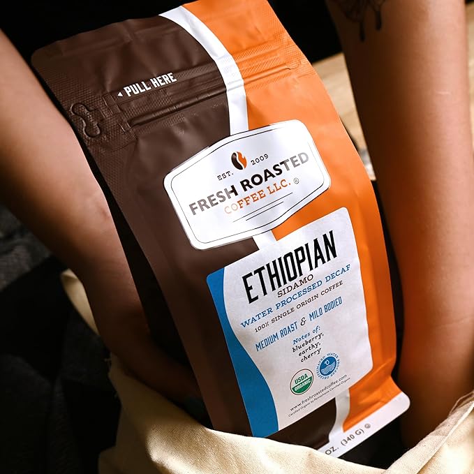 Fresh Roasted Coffee, Organic Ethiopian Sidamo Water-Processed Decaf | USDA Organic, 100% Single Origin, Kosher | Medium Roast 12 oz Whole Bean