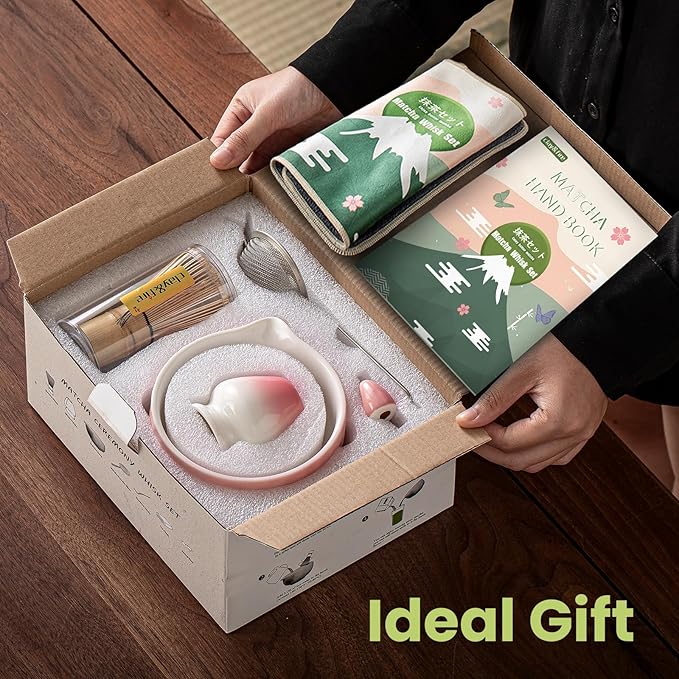 Clay&Fire Matcha Whisk Set, 9 pcs Ceramic Matcha Set, Gifts for Women,Matcha Bowl with Spout and Whisk, Matcha Kit for Matcha Lovers, Ideal Gift Christmas, Birthday, Anniversary(Pink) (Gradient Pink)