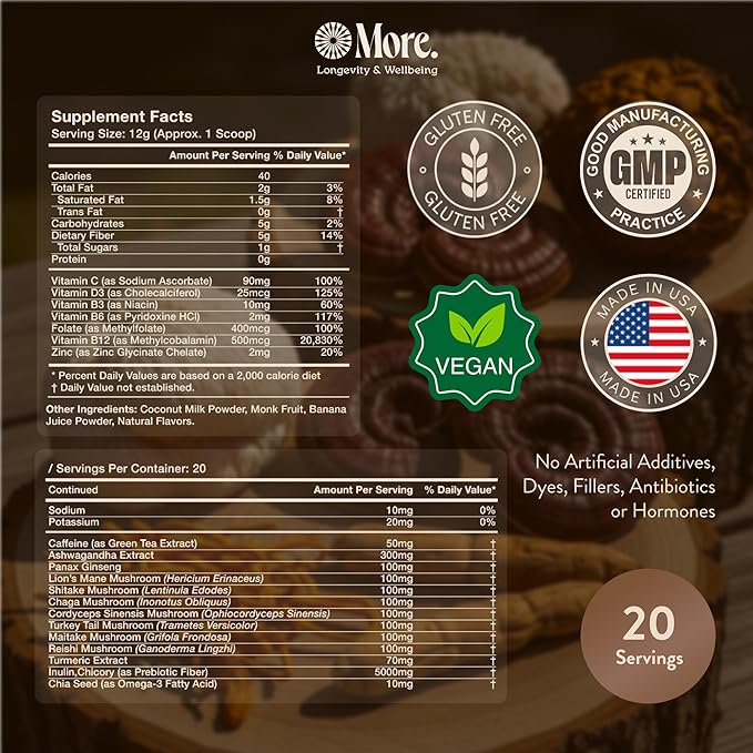 More. Longevity & Wellbeing Premium Mushroom Supplement Superfood with Natural Caffeine – 7 Functional Mushrooms with Lions Mane Supplement, Reishi, Chaga & Ashwagandha Extract , Instant Mushroom Supplement for Energy & Focus – Coconut Banana