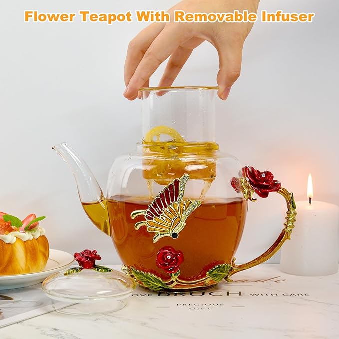 46oz/1300ml Large Enamel Teapot With Infuser,Floral Glass Teapot With Red Rose Flower Butterfly,Removable Infuser For Blooming Tea,Loose Leaf Tea,Fruit Tea,Tea Bag