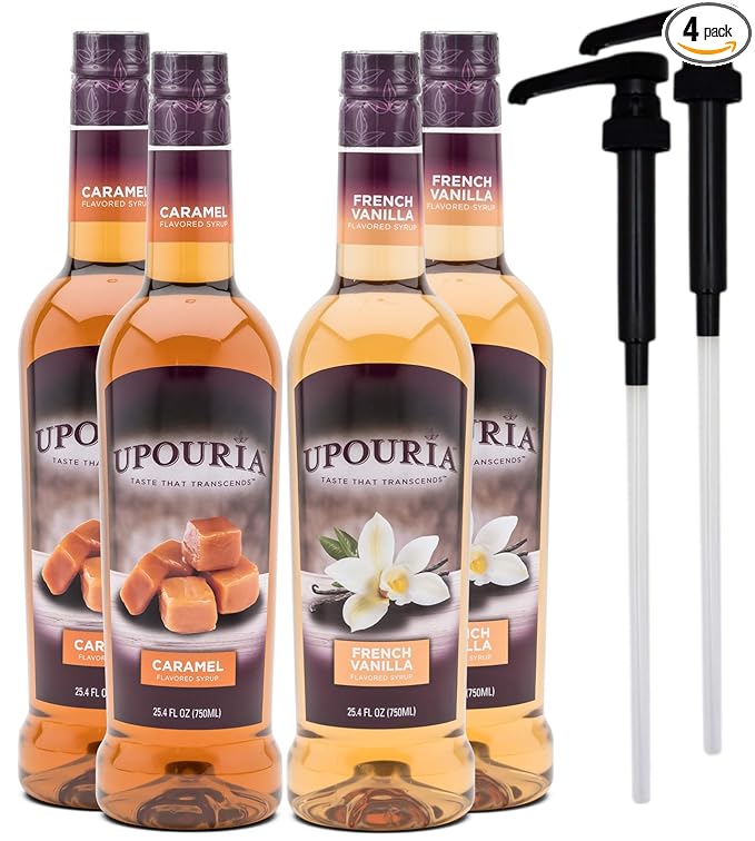 Upouria French Vanilla & Caramel Coffee Syrup Flavoring, 2 of each Flavor, 100% Vegan, Gluten-Free, Kosher, 750 mL Bottles (Pack of 4) with 2 Coffee Syrup Pumps