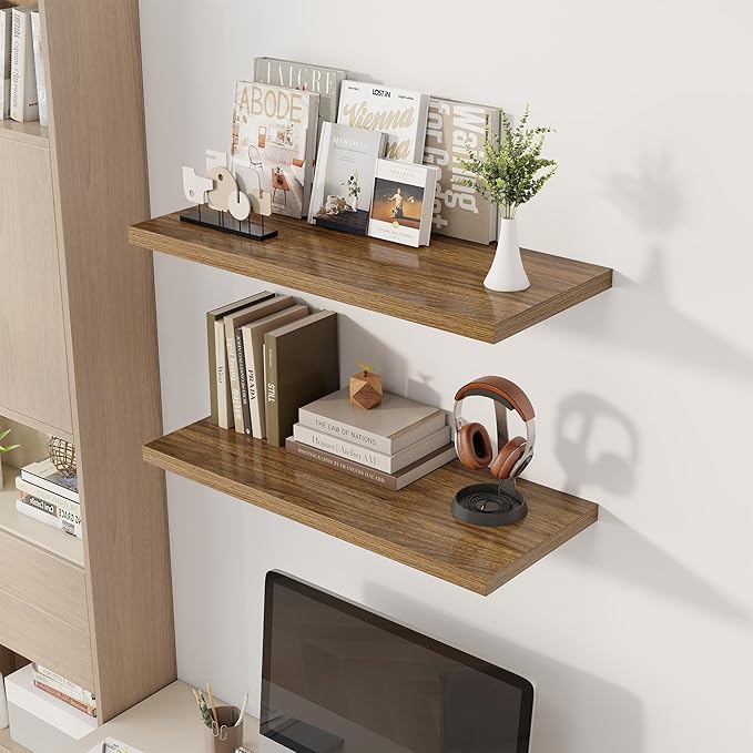 Dreamland 32" Floating Shelves for Wall, 12" Deep Slim Walnut Floating Shelves, Wall-Mounted Shelves for Bedroom, Living Room, Kitchen, Bathroom - Set of 2