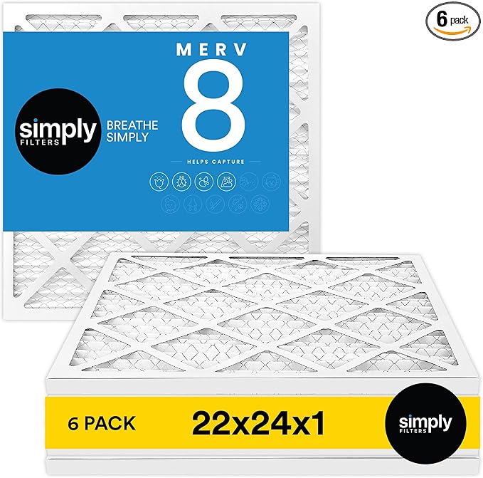 Simply 22x24x1 Air Filter, Merv 8, 6 Pack, For Home AC Furnace & HVAC (Actual Size: 21.75"x23.75"x0.75") DUST, Pet, & Allergy Control