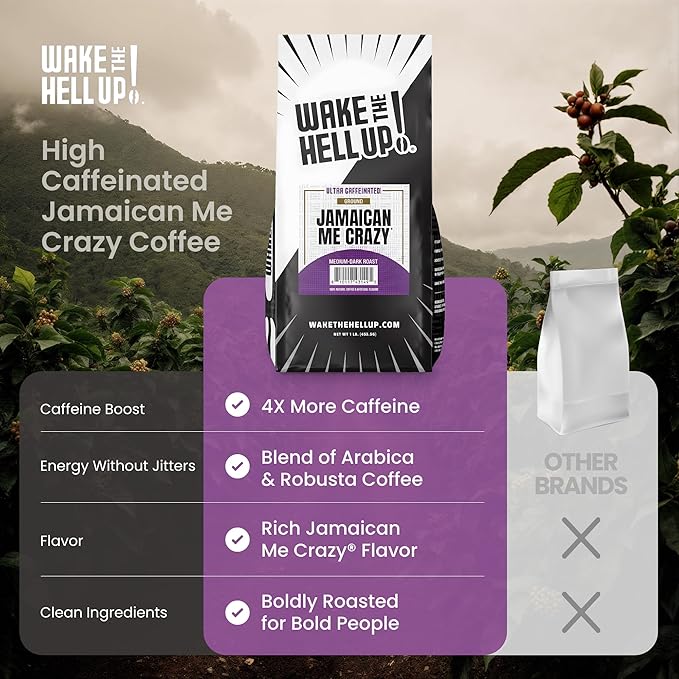 Wake The Hell Up! 1lb Ultra-Caffeinated Jamaican Me Crazy® Ground Coffee, Low Acid, Medium-Dark Roast