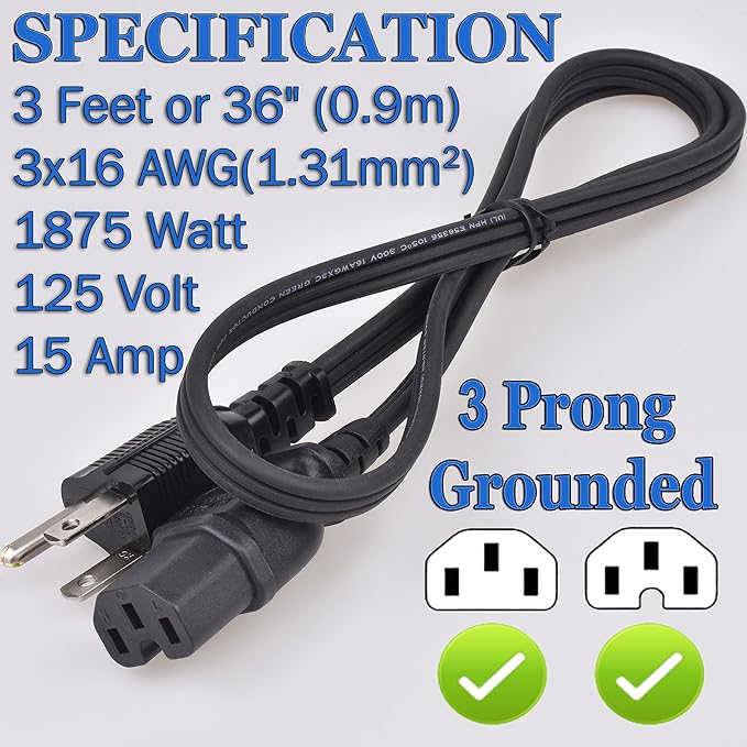 3 Ft Replacement Power Cord - Coffee Pot Replacement Part Suitable for Farberware Percolator Cord - Electric Cord for Computer, Monitor, TV - 16 AWG Heavy Duty 1875W 105C 15A 3 Prong Grounded, Black