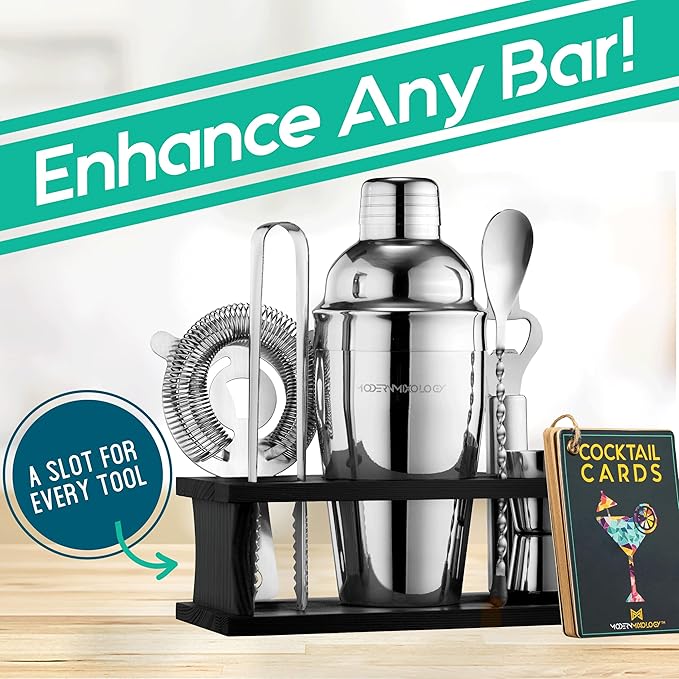 Modern Mixology Cocktail Shaker Set - 8 Piece Bartender Kit with Martini Shaker and Popular Bar Accessories on Quality Pine Stand - Leak Proof Design (Silver)