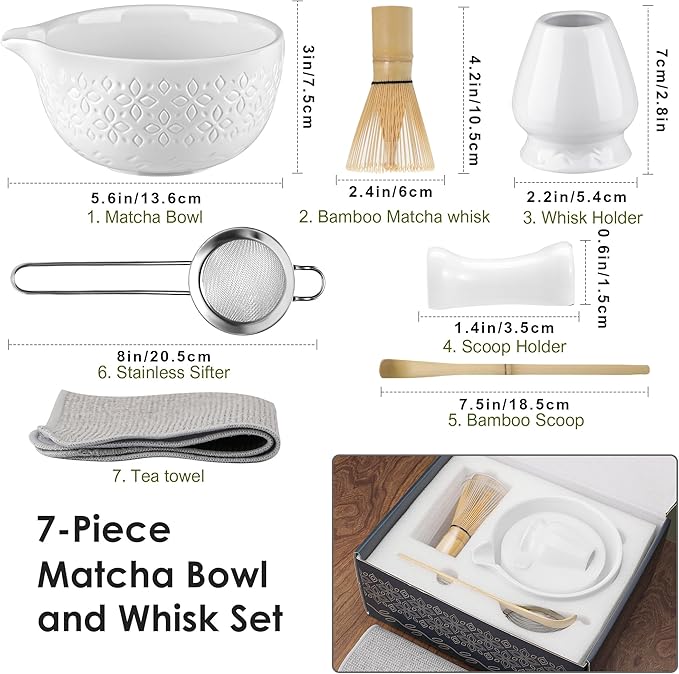 Matcha Whisk Set Matcha Kit - 7 Pcs Japanese Tea Set Includes Matcha Bowl with Spout,Bamboo Whisk with Ceramic Holder,Bamboo Scoop and Rest,Sifter,Tea Towel, for Ceremony Matcha Lovers Gift,White