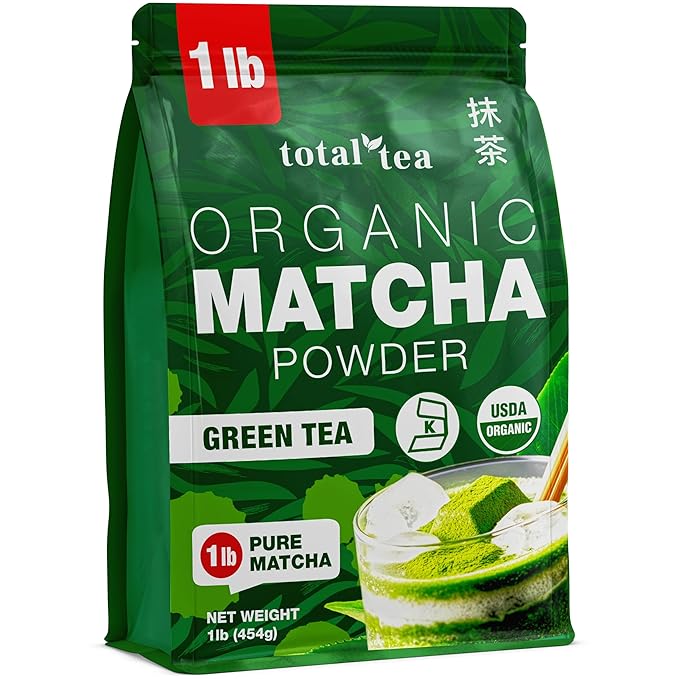 Organic Matcha Green Tea Powder (1lb) – Certified USDA Organic Powder for Matcha Latte, Tea, and Smoothies – Kosher, Non-Gmo, Antioxidant Rich Fruit Tea by Total Tea