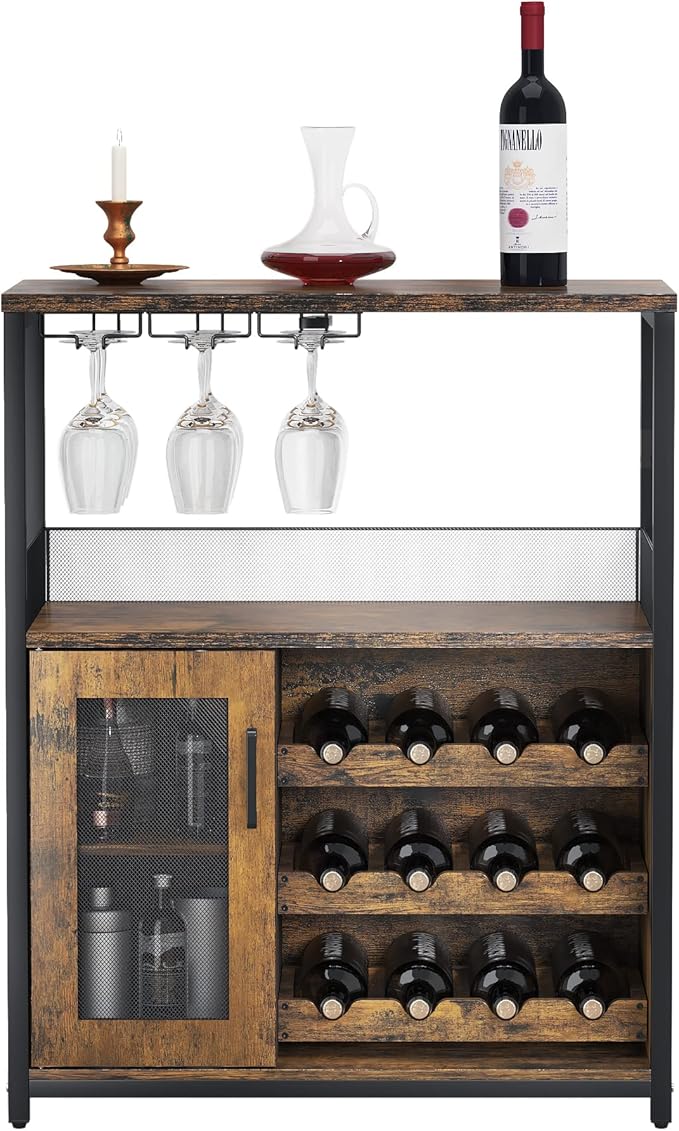 GarveeHome 3-Tier Wine Bar Cabinet with Detachable Wine Rack, Liquor Cabinet with Storage, Coffee Bar Cabinet with Glass Holder & Mesh Door, Sideboard Buffet Bar for Living Room, Dining Room, Brown