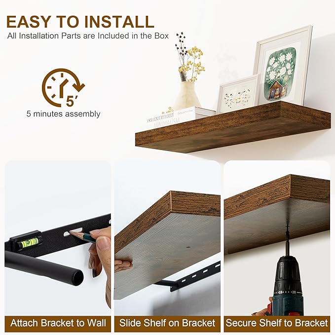 Fun Memories Floating Shelves for Wall, 20Inch Floating Shelves Set of 2, Hanging Shelf with Invisible Brackets, Wood Shelves for Living Room, Bedroom, Kitchen, Brown